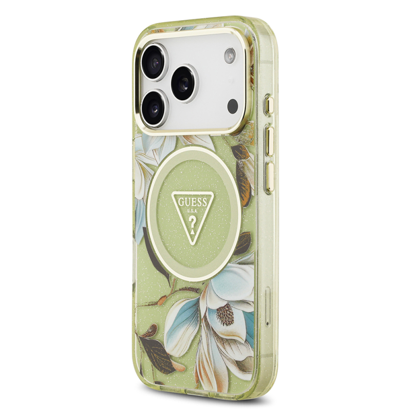 Apple iPhone 17 Pro Case Guess Original Licensed M-safe Charging Feature Glittery Flower Patterned Metal Camera Frame Triangle Logo Cover - 6