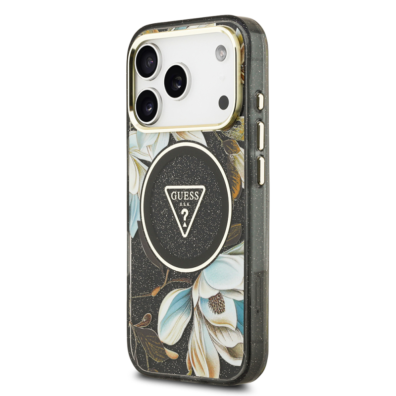 Apple iPhone 17 Pro Case Guess Original Licensed M-safe Charging Feature Glittery Flower Patterned Metal Camera Frame Triangle Logo Cover - 12