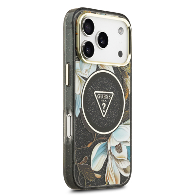Apple iPhone 17 Pro Case Guess Original Licensed M-safe Charging Feature Glittery Flower Patterned Metal Camera Frame Triangle Logo Cover - 14