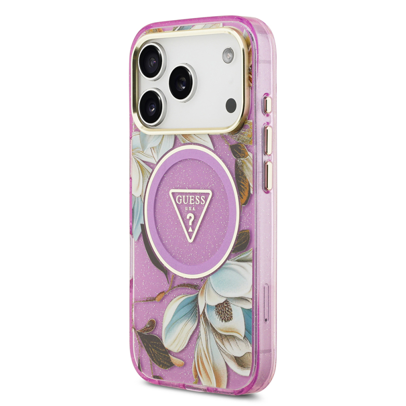 Apple iPhone 17 Pro Case Guess Original Licensed M-safe Charging Feature Glittery Flower Patterned Metal Camera Frame Triangle Logo Cover - 18