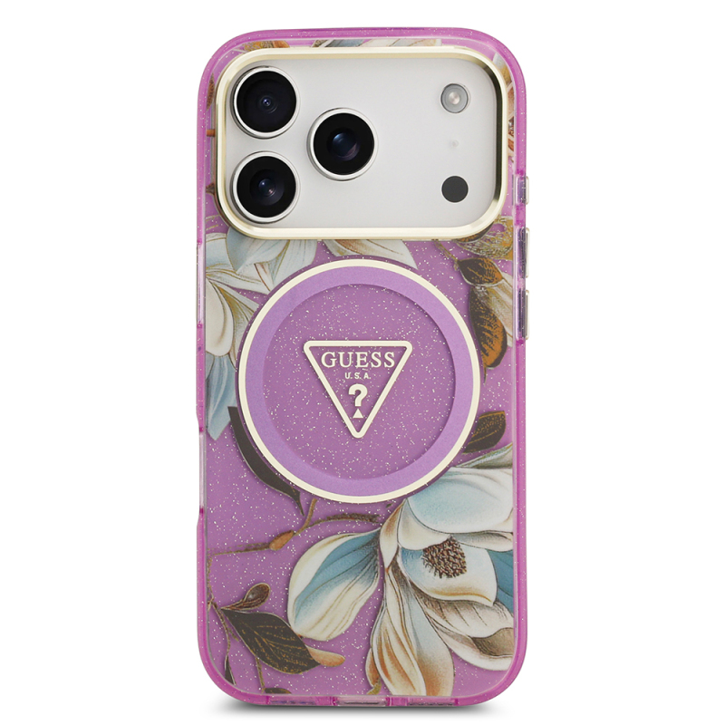 Apple iPhone 17 Pro Case Guess Original Licensed M-safe Charging Feature Glittery Flower Patterned Metal Camera Frame Triangle Logo Cover - 19