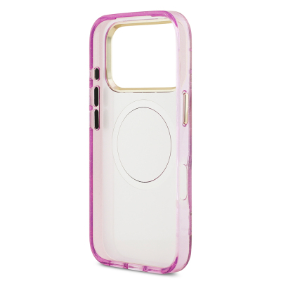 Apple iPhone 17 Pro Case Guess Original Licensed M-safe Charging Feature Glittery Flower Patterned Metal Camera Frame Triangle Logo Cover - 23