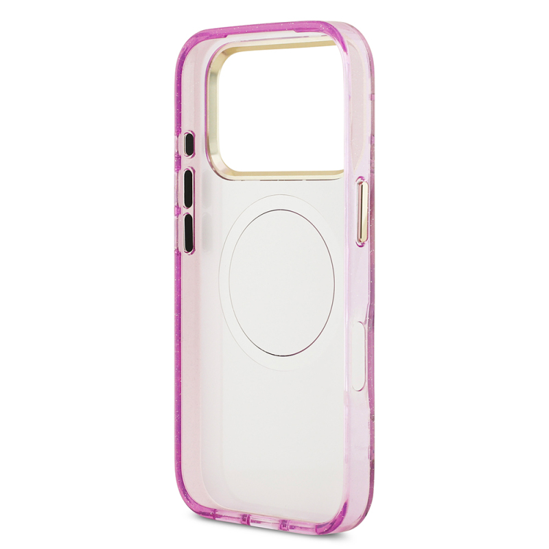 Apple iPhone 17 Pro Case Guess Original Licensed M-safe Charging Feature Glittery Flower Patterned Metal Camera Frame Triangle Logo Cover - 23