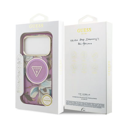 Apple iPhone 17 Pro Case Guess Original Licensed M-safe Charging Feature Glittery Flower Patterned Metal Camera Frame Triangle Logo Cover - 31