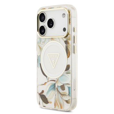 Apple iPhone 17 Pro Case Guess Original Licensed M-safe Charging Feature Glittery Flower Patterned Metal Camera Frame Triangle Logo Cover - 24