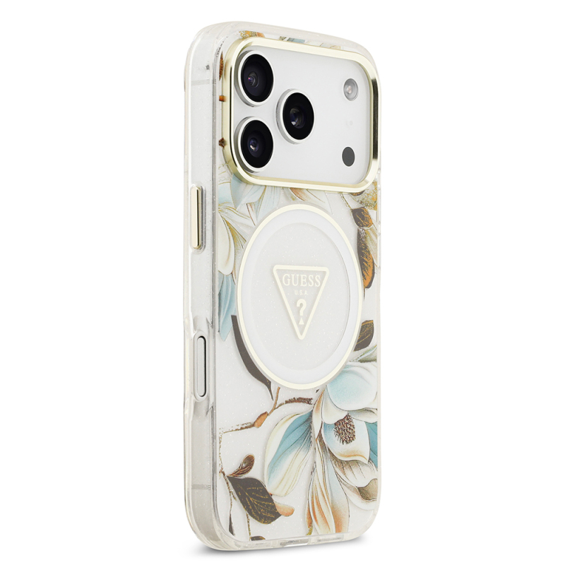 Apple iPhone 17 Pro Case Guess Original Licensed M-safe Charging Feature Glittery Flower Patterned Metal Camera Frame Triangle Logo Cover - 26