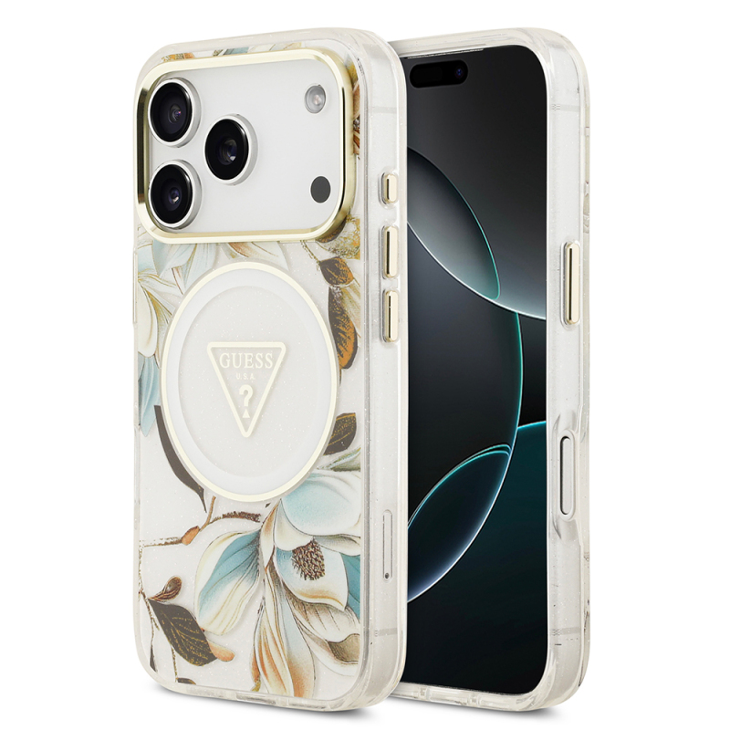 Apple iPhone 17 Pro Case Guess Original Licensed M-safe Charging Feature Glittery Flower Patterned Metal Camera Frame Triangle Logo Cover - 4