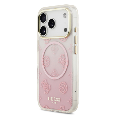 Apple iPhone 17 Pro Case Guess Original Licensed M-safe Charging Feature Glittery Peony Patterned Silicone Cover - 10