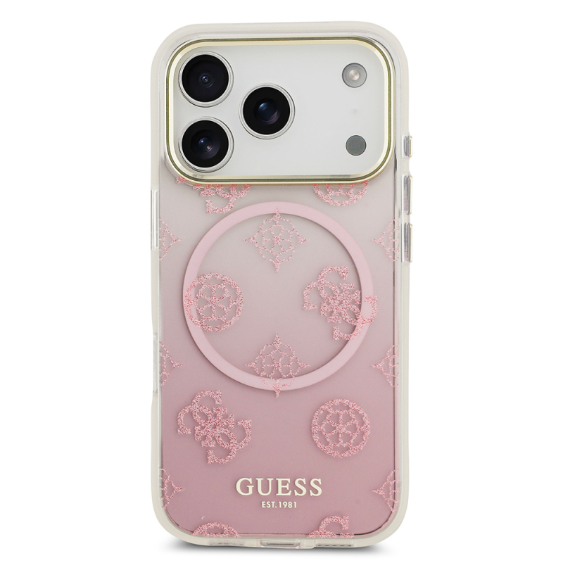 Apple iPhone 17 Pro Case Guess Original Licensed M-safe Charging Feature Glittery Peony Patterned Silicone Cover - 11