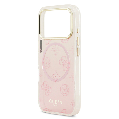 Apple iPhone 17 Pro Case Guess Original Licensed M-safe Charging Feature Glittery Peony Patterned Silicone Cover - 14