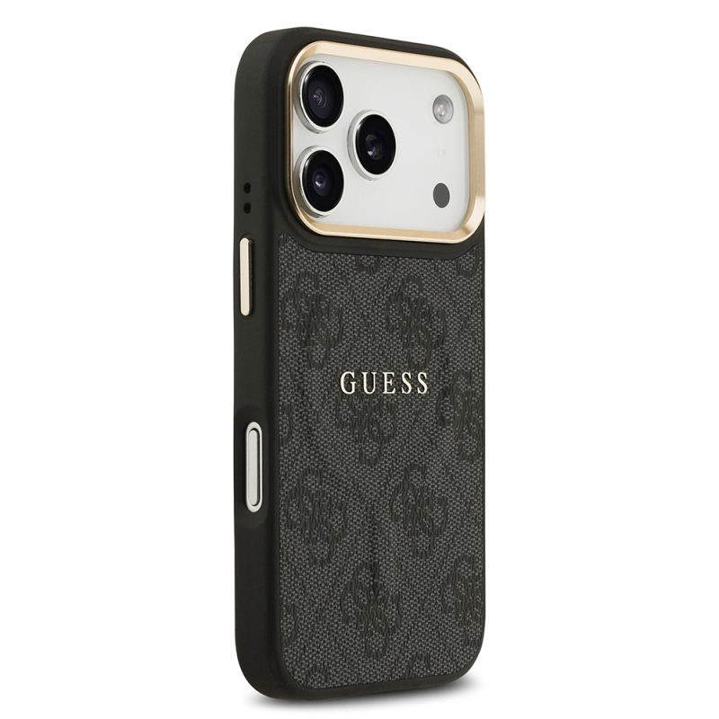 Apple iPhone 17 Pro Case Guess Original Licensed M-safe Charging Feature Gold Metal Camera Frame PU Leather 4G Patterned Text Logo Cover - 5