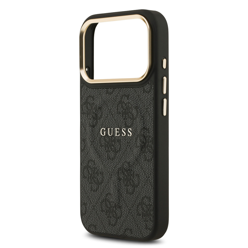 Apple iPhone 17 Pro Case Guess Original Licensed M-safe Charging Feature Gold Metal Camera Frame PU Leather 4G Patterned Text Logo Cover - 7