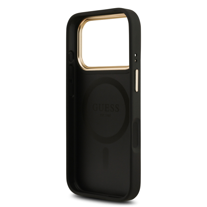 Apple iPhone 17 Pro Case Guess Original Licensed M-safe Charging Feature Gold Metal Camera Frame PU Leather 4G Patterned Text Logo Cover - 8