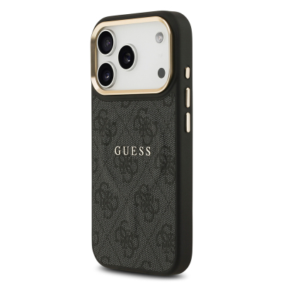 Apple iPhone 17 Pro Case Guess Original Licensed M-safe Charging Feature Gold Metal Camera Frame PU Leather 4G Patterned Text Logo Cover - 9