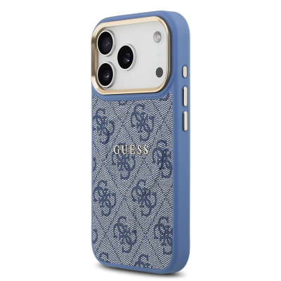 Apple iPhone 17 Pro Case Guess Original Licensed M-safe Charging Feature Gold Metal Camera Frame PU Leather 4G Patterned Text Logo Cover - 20