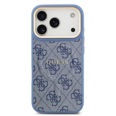 Apple iPhone 17 Pro Case Guess Original Licensed M-safe Charging Feature Gold Metal Camera Frame PU Leather 4G Patterned Text Logo Cover - 21