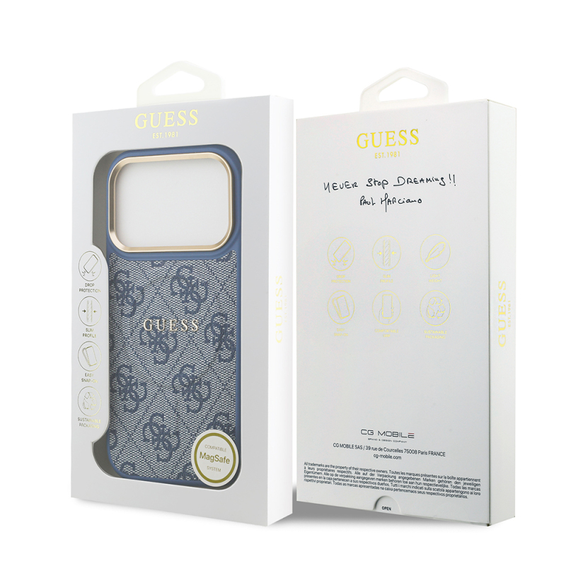 Apple iPhone 17 Pro Case Guess Original Licensed M-safe Charging Feature Gold Metal Camera Frame PU Leather 4G Patterned Text Logo Cover - 26