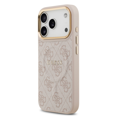 Apple iPhone 17 Pro Case Guess Original Licensed M-safe Charging Feature Gold Metal Camera Frame PU Leather 4G Patterned Text Logo Cover - 27