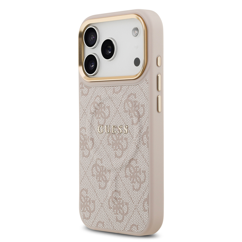 Apple iPhone 17 Pro Case Guess Original Licensed M-safe Charging Feature Gold Metal Camera Frame PU Leather 4G Patterned Text Logo Cover - 27