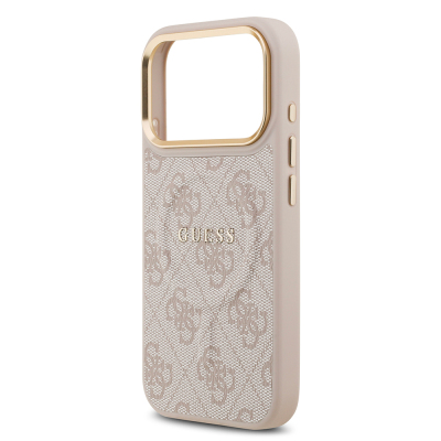 Apple iPhone 17 Pro Case Guess Original Licensed M-safe Charging Feature Gold Metal Camera Frame PU Leather 4G Patterned Text Logo Cover - 31