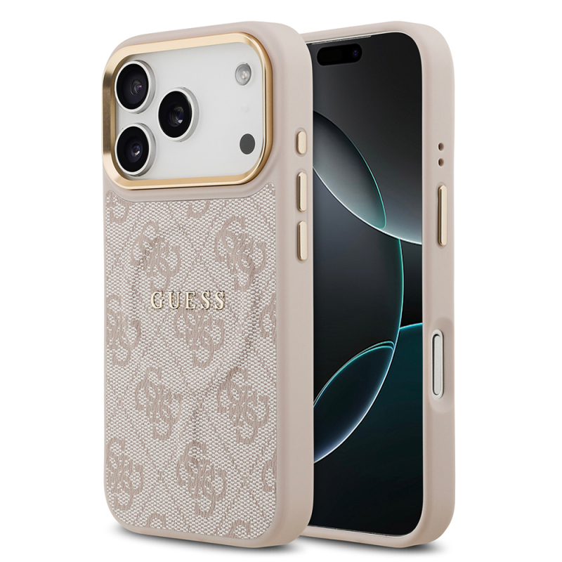 Apple iPhone 17 Pro Case Guess Original Licensed M-safe Charging Feature Gold Metal Camera Frame PU Leather 4G Patterned Text Logo Cover - 5