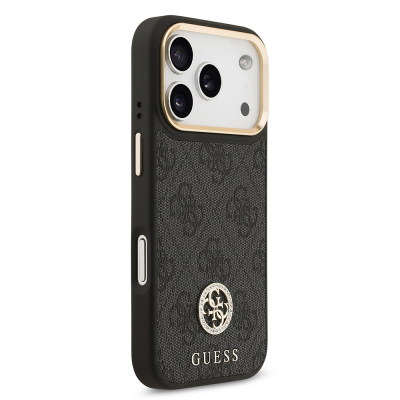 Apple iPhone 17 Pro Case Guess Original Licensed M-safe Charging Feature Gold Metal Camera Frame Stone 4G Logo Cover - 6