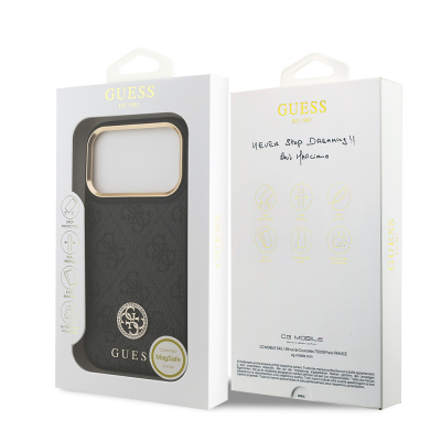 Apple iPhone 17 Pro Case Guess Original Licensed M-safe Charging Feature Gold Metal Camera Frame Stone 4G Logo Cover - 17