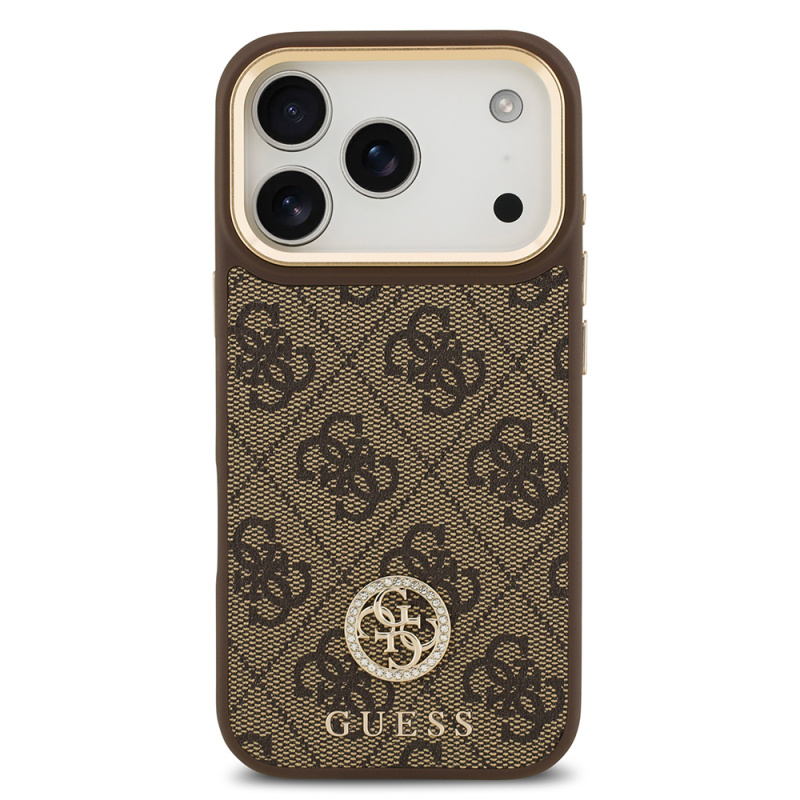 Apple iPhone 17 Pro Case Guess Original Licensed M-safe Charging Feature Gold Metal Camera Frame Stone 4G Logo Cover - 11