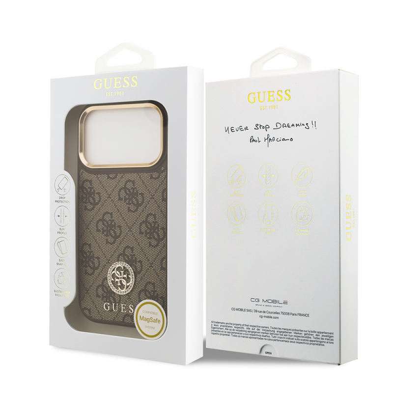 Apple iPhone 17 Pro Case Guess Original Licensed M-safe Charging Feature Gold Metal Camera Frame Stone 4G Logo Cover - 16