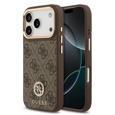 Apple iPhone 17 Pro Case Guess Original Licensed M-safe Charging Feature Gold Metal Camera Frame Stone 4G Logo Cover - 3