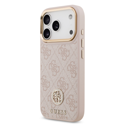 Apple iPhone 17 Pro Case Guess Original Licensed M-safe Charging Feature Gold Metal Camera Frame Stone 4G Logo Cover - 19