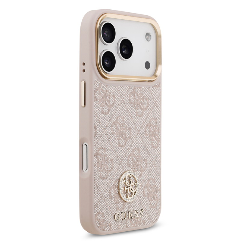 Apple iPhone 17 Pro Case Guess Original Licensed M-safe Charging Feature Gold Metal Camera Frame Stone 4G Logo Cover - 21