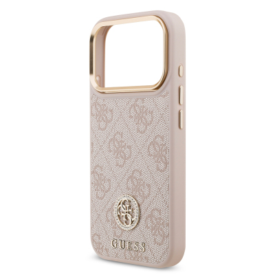 Apple iPhone 17 Pro Case Guess Original Licensed M-safe Charging Feature Gold Metal Camera Frame Stone 4G Logo Cover - 23