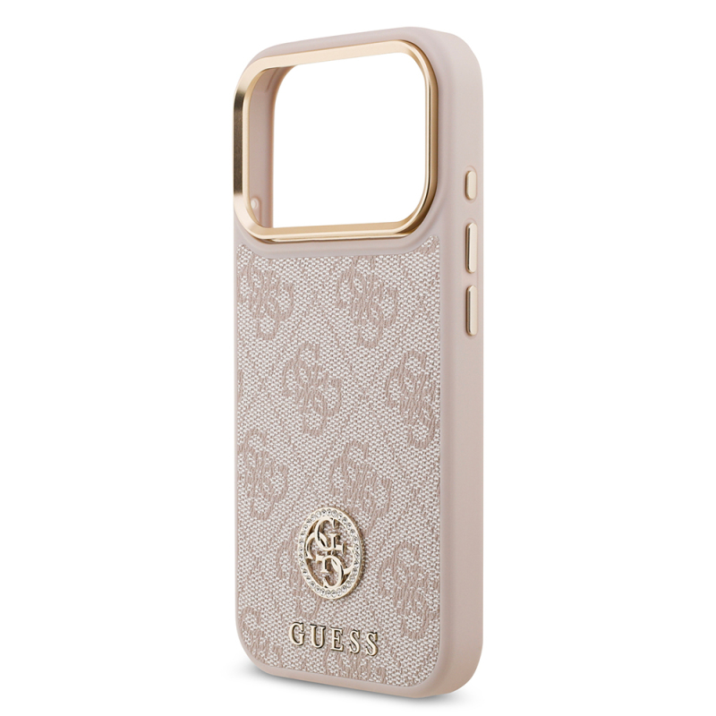Apple iPhone 17 Pro Case Guess Original Licensed M-safe Charging Feature Gold Metal Camera Frame Stone 4G Logo Cover - 23