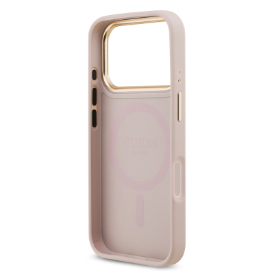 Apple iPhone 17 Pro Case Guess Original Licensed M-safe Charging Feature Gold Metal Camera Frame Stone 4G Logo Cover - 24