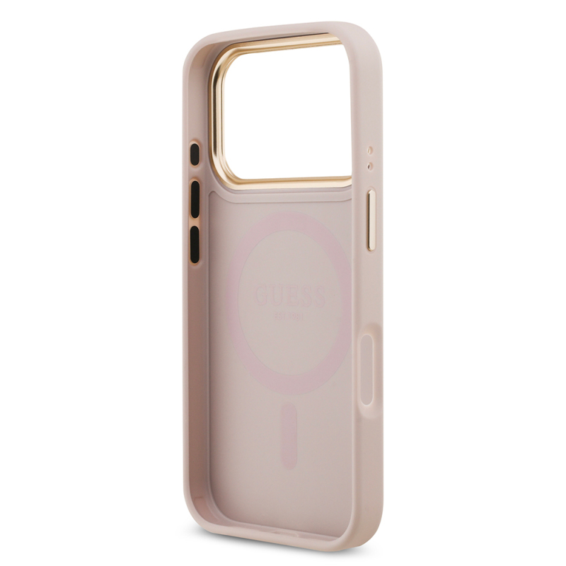 Apple iPhone 17 Pro Case Guess Original Licensed M-safe Charging Feature Gold Metal Camera Frame Stone 4G Logo Cover - 24