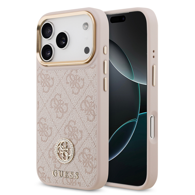 Apple iPhone 17 Pro Case Guess Original Licensed M-safe Charging Feature Gold Metal Camera Frame Stone 4G Logo Cover - 4