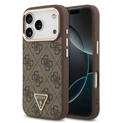 Apple iPhone 17 Pro Case Guess Original Licensed M-safe Charging Feature Gold Metal Camera Frame Stone Triangle Logo 4G Patterned Cover - 1