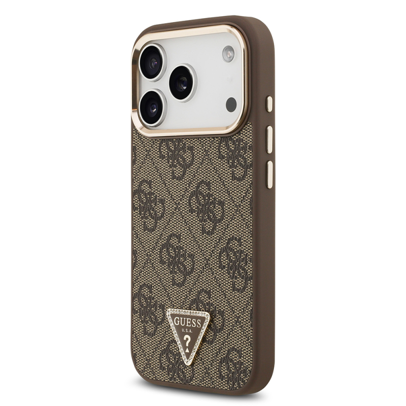 Apple iPhone 17 Pro Case Guess Original Licensed M-safe Charging Feature Gold Metal Camera Frame Stone Triangle Logo 4G Patterned Cover - 5