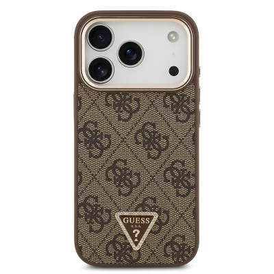 Apple iPhone 17 Pro Case Guess Original Licensed M-safe Charging Feature Gold Metal Camera Frame Stone Triangle Logo 4G Patterned Cover - 6