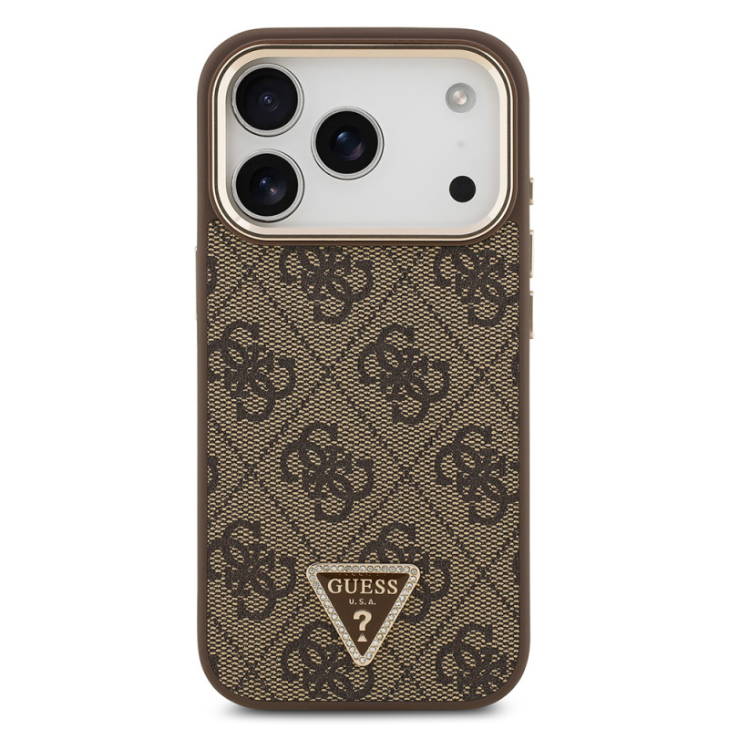 Apple iPhone 17 Pro Case Guess Original Licensed M-safe Charging Feature Gold Metal Camera Frame Stone Triangle Logo 4G Patterned Cover - 6