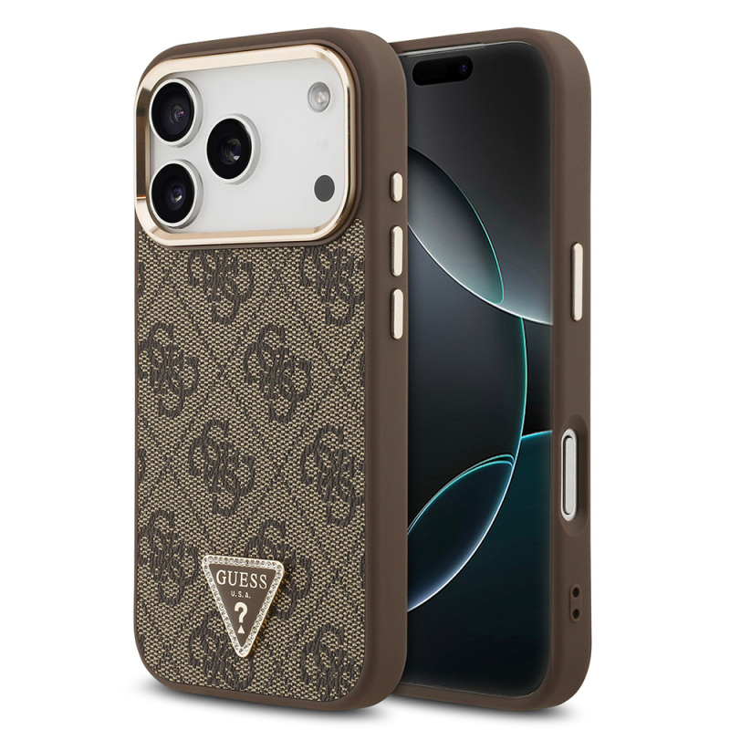 Apple iPhone 17 Pro Case Guess Original Licensed M-safe Charging Feature Gold Metal Camera Frame Stone Triangle Logo 4G Patterned Cover - 2