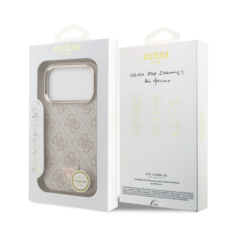 Apple iPhone 17 Pro Case Guess Original Licensed M-safe Charging Feature Gold Metal Camera Frame Stone Triangle Logo 4G Patterned Cover - 25