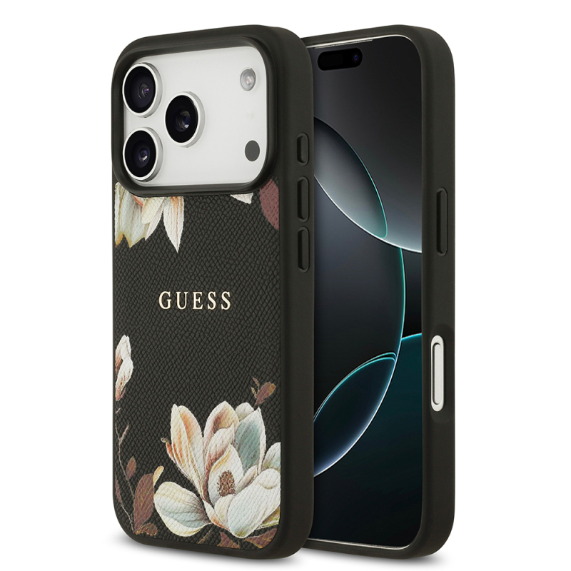 Apple iPhone 17 Pro Case Guess Original Licensed M-Safe Charging Feature Grained Flower Design Metal Lettering Logo Cover - 1
