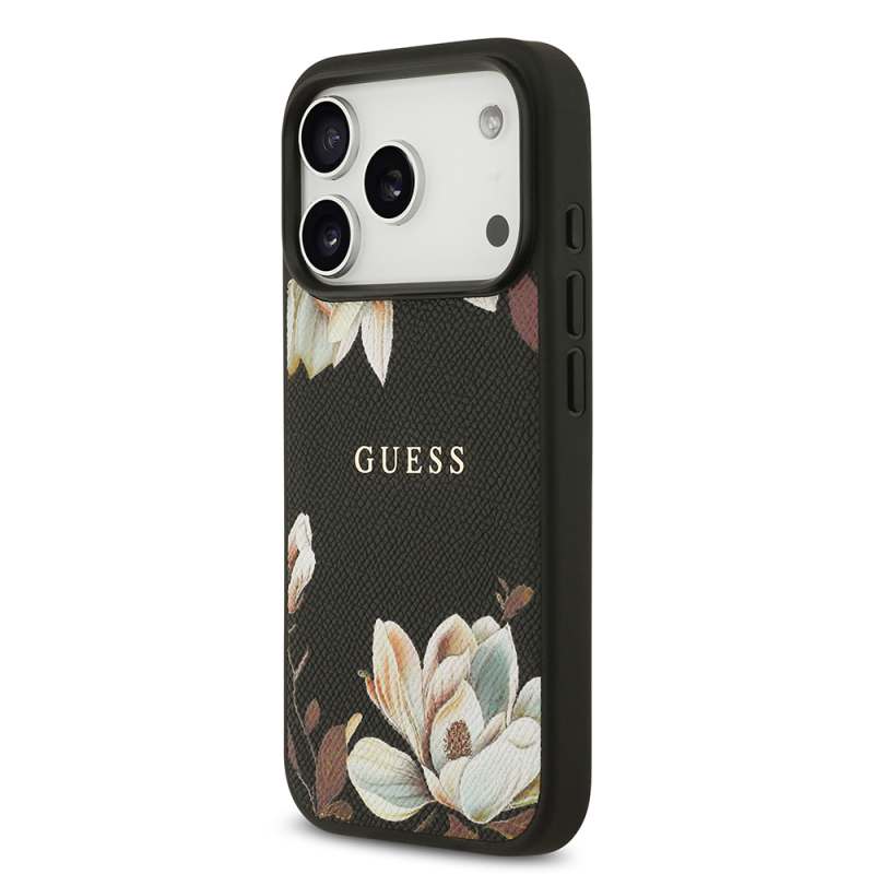 Apple iPhone 17 Pro Case Guess Original Licensed M-Safe Charging Feature Grained Flower Design Metal Lettering Logo Cover - 4