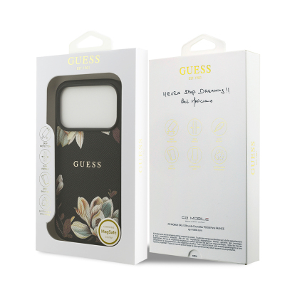 Apple iPhone 17 Pro Case Guess Original Licensed M-Safe Charging Feature Grained Flower Design Metal Lettering Logo Cover - 10