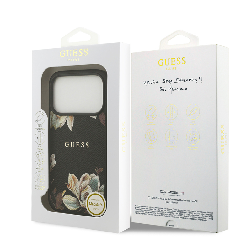 Apple iPhone 17 Pro Case Guess Original Licensed M-Safe Charging Feature Grained Flower Design Metal Lettering Logo Cover - 10
