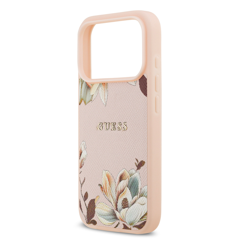 Apple iPhone 17 Pro Case Guess Original Licensed M-Safe Charging Feature Grained Flower Design Metal Lettering Logo Cover - 15