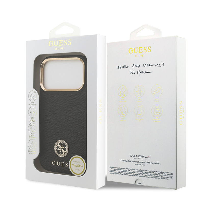 Apple iPhone 17 Pro Case Guess Original Licensed M-Safe Charging Feature Grained Text and Stone 4G Logo Cover - 17
