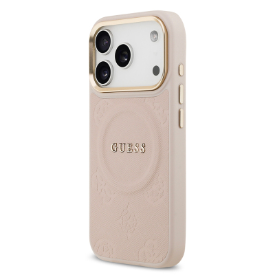 Apple iPhone 17 Pro Case Guess Original Licensed M-safe Charging Feature Hot Printed Text Logo PU Leather Peony Cover - 6
